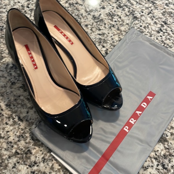 Prada Wedge Sandals in Black Patent 39 - Picture 8 of 9